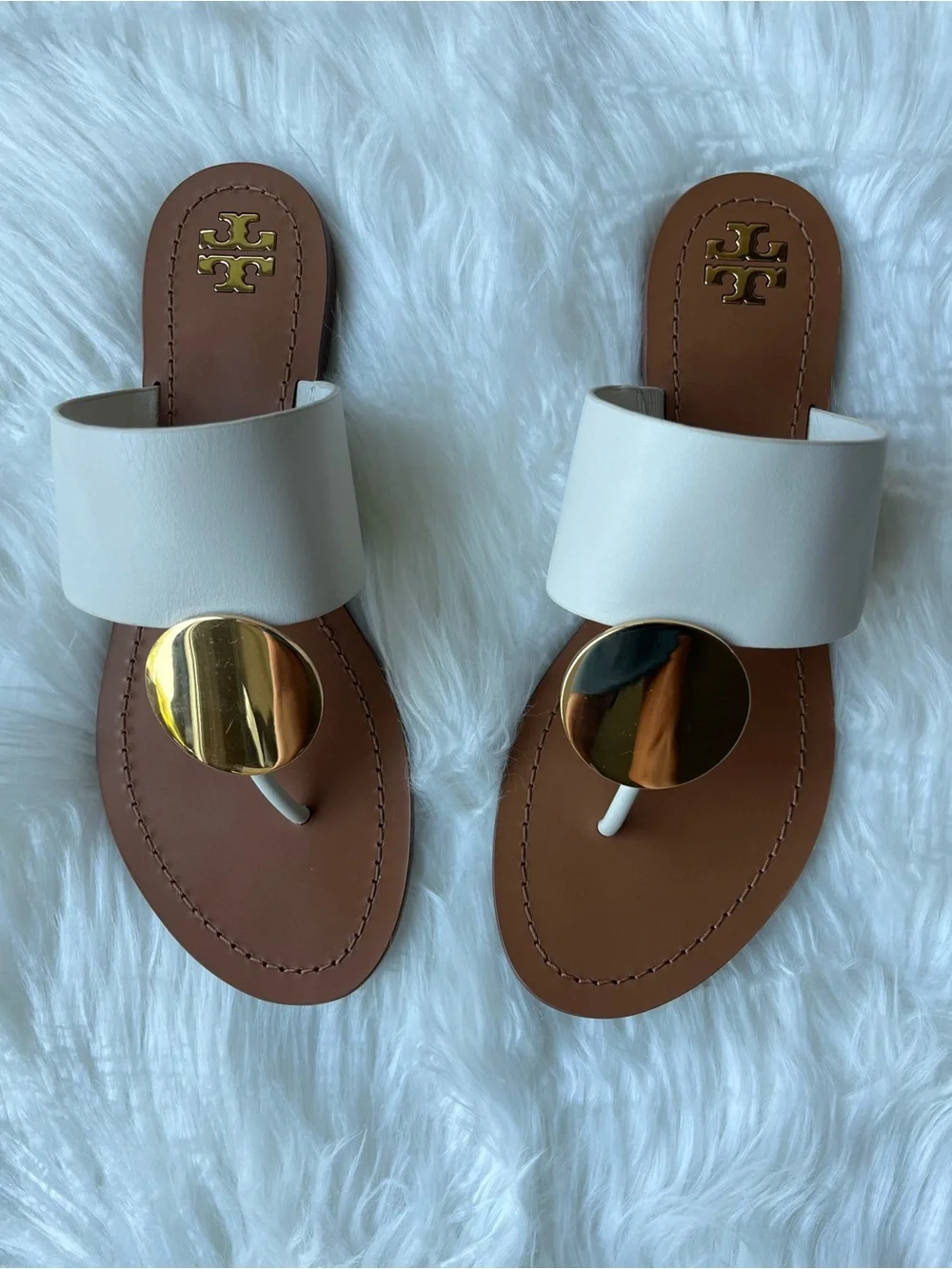🆕 Tory Burch Patos Disc Sandals- Calf Leather Ivory/Gold Size 8.5 Dustbag